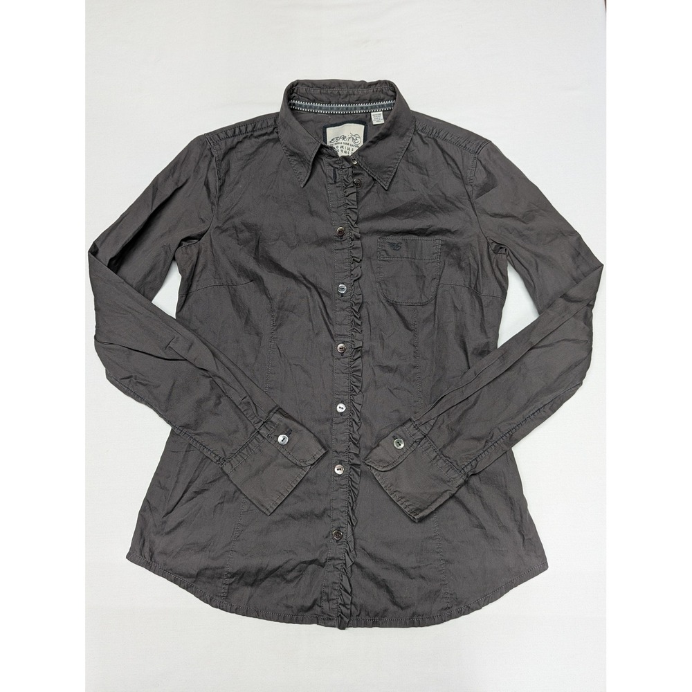 Esprit Womens Gray Ruffle Front Button Down Long Sleeve Shirt Size 6 A87629